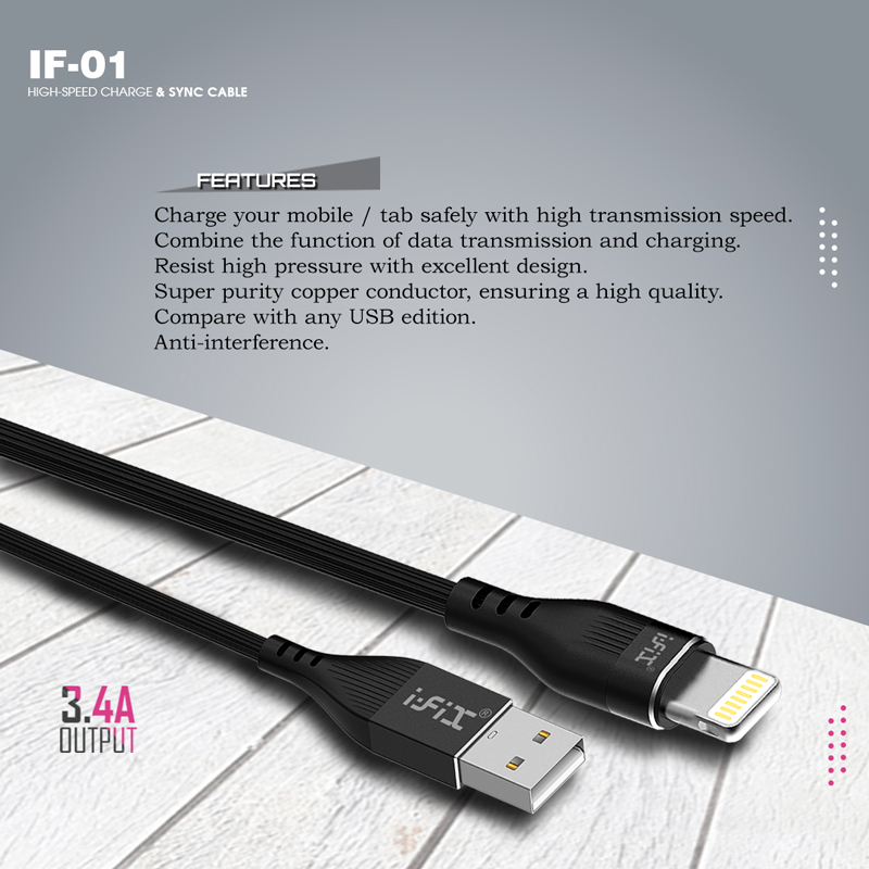 IF-01 Lightning  3.4A Fast Charging USB Data Cable (Black)