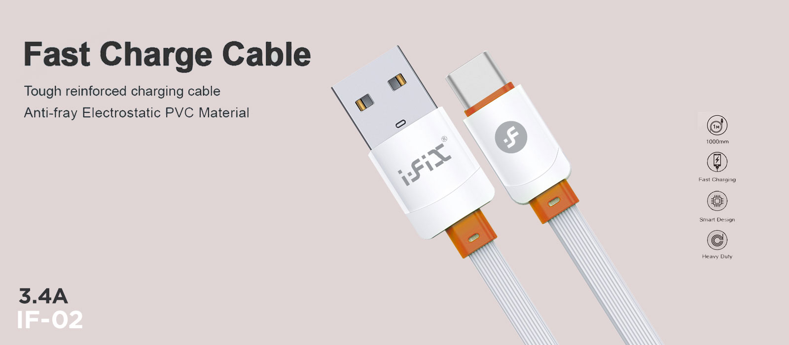 IF-02 Type-C 3.4A Fast Charging USB Data Cable( White & Red)