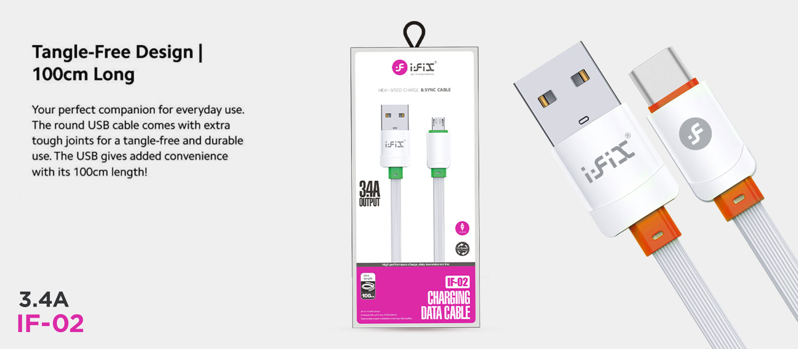 IF-02 Type-C 3.4A Fast Charging USB Data Cable( White & Red)
