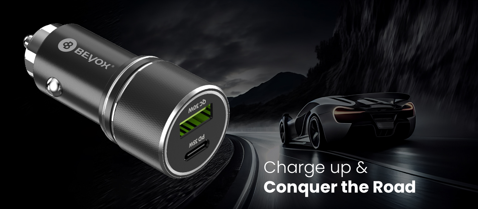Beyox BY-21 65W PD+QC Dual Port Car Charger with Type C cable  and Fast charging (Black)