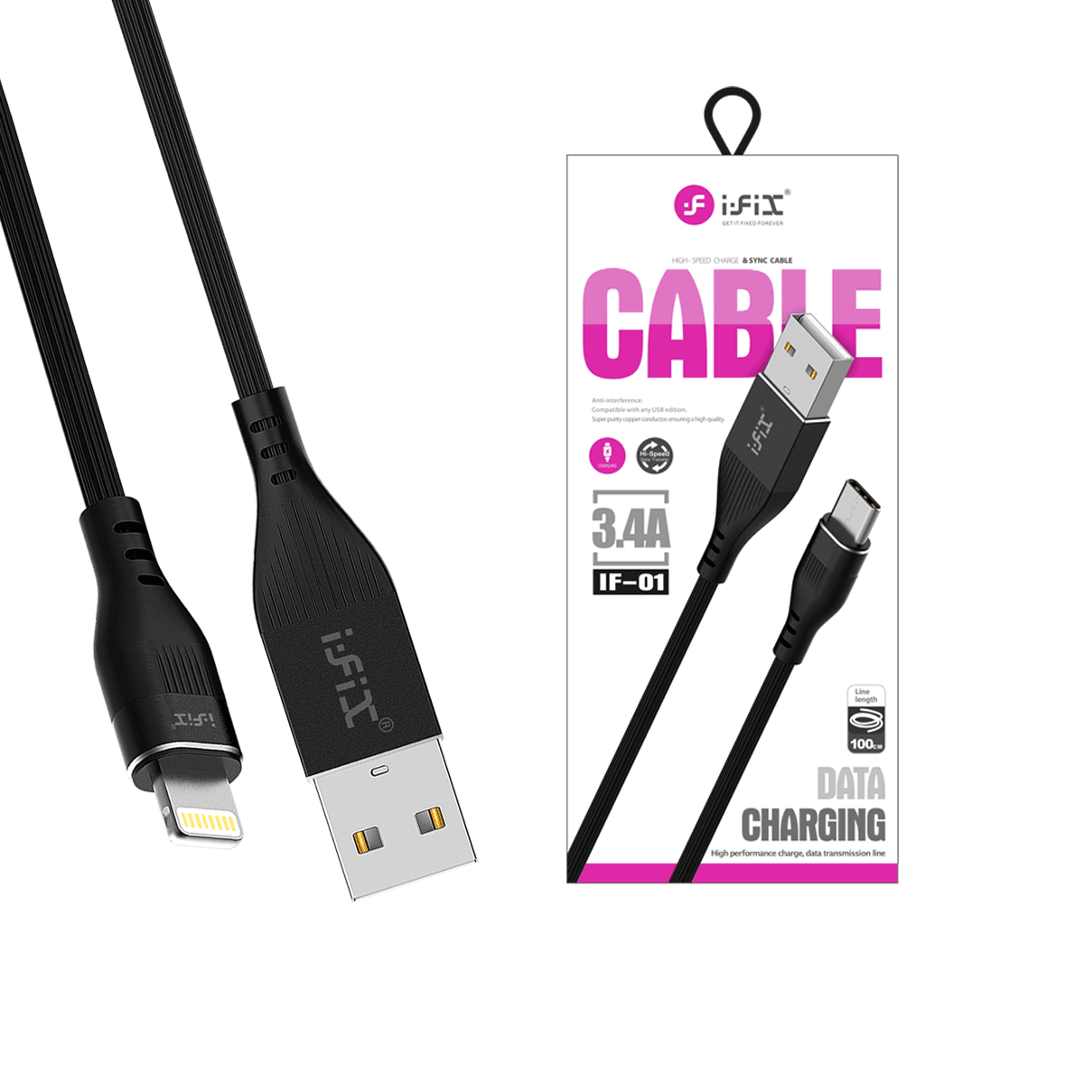 IF-01 Lightning  3.4A Fast Charging USB Data Cable (Black)