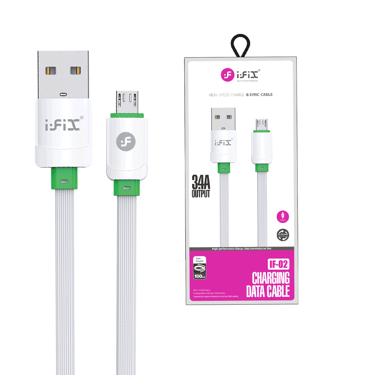 IF-02 Micro 3.4A Fast Charging USB Data Cable( White & Green)