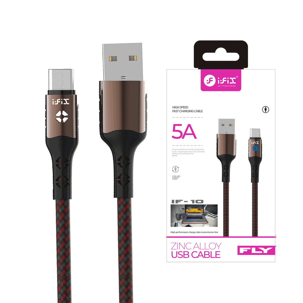 IF-10 Type-C  5A Fast Charging USB Data Cable (Red & Black)