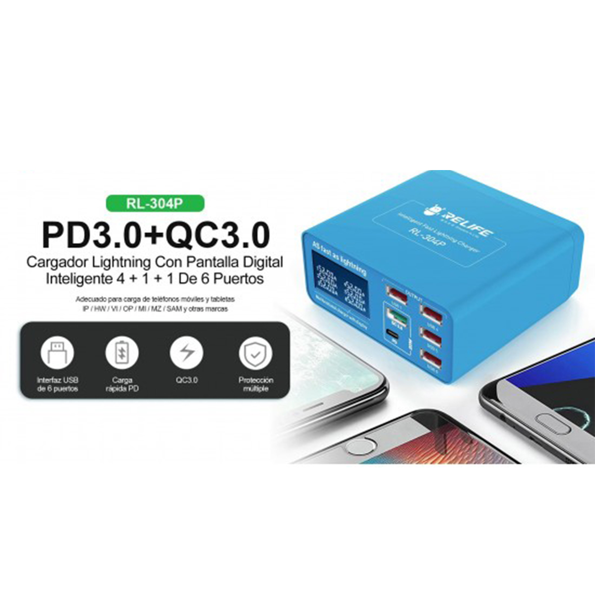 RELIFE RL-304P 6 Port USB Charger Support PD3.0+QC3.0