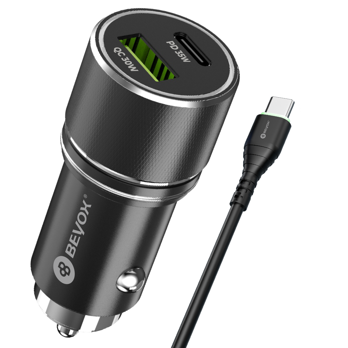 Beyox BY-21 65W PD+QC Dual Port Car Charger with Type C cable  and Fast charging (Black)