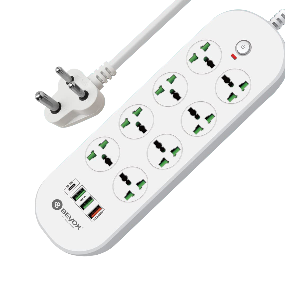 Beyox B02 20W PD + 3 QC & 8 Power Sockets Extension Plug: Fast Charging For various Devices(WHITE)