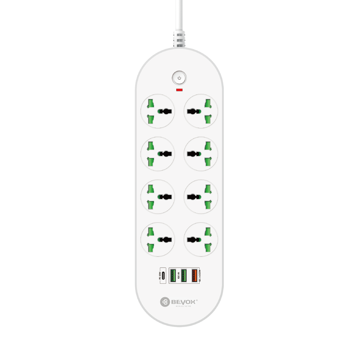 Beyox B02 20W PD + 3 QC & 8 Power Sockets Extension Plug: Fast Charging For various Devices(WHITE)