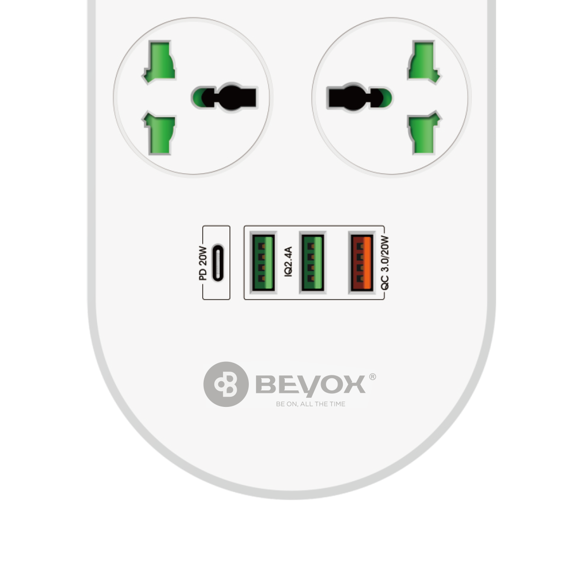 Beyox B02 20W PD + 3 QC & 8 Power Sockets Extension Plug: Fast Charging For various Devices(WHITE)