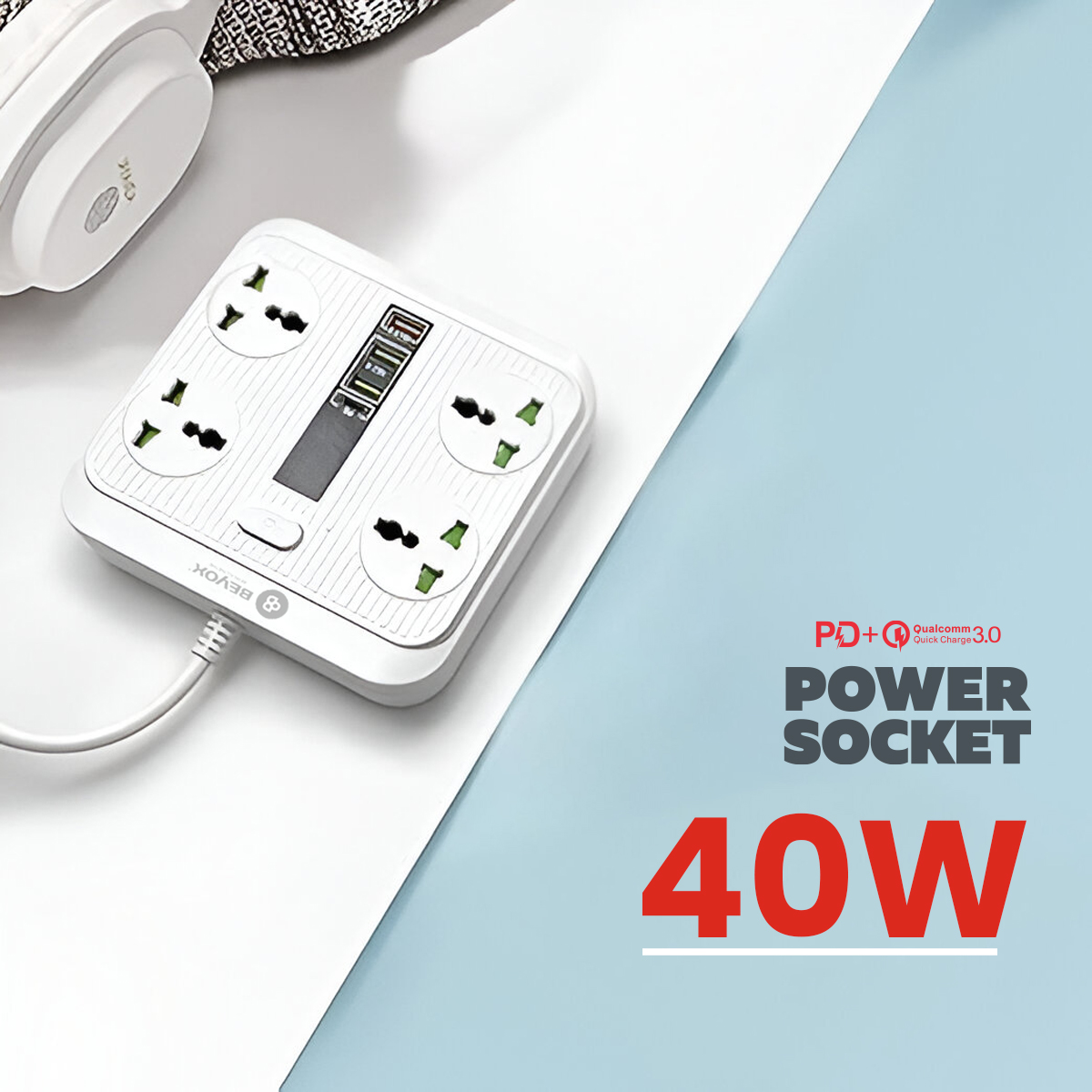 Beyox B01 40W PD + 3 QC & 4 Power Sockets Extension Plug(White)