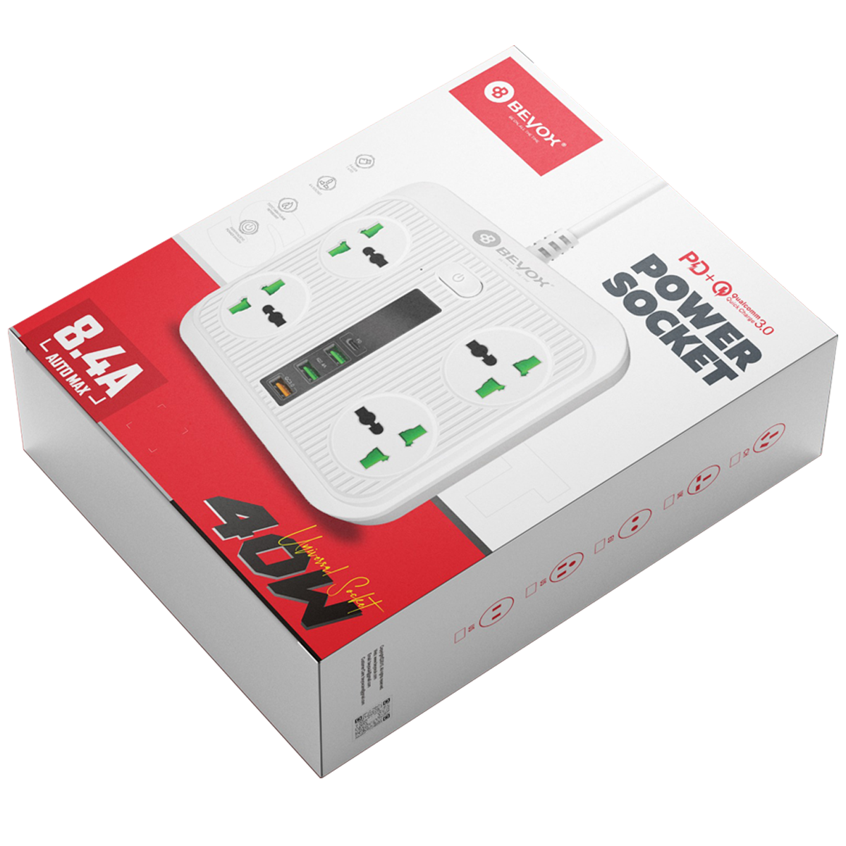 Beyox B01 40W PD + 3 QC & 4 Power Sockets Extension Plug(White)